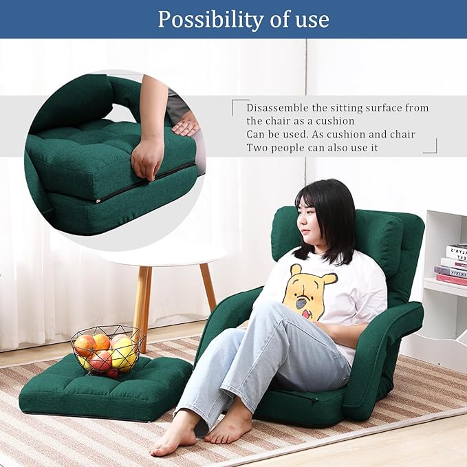 FLOGUOR 14-Position Adjustable Floor Chair, Chaise Lounge Indoor, Folding Lazy Sofa with Armrests and a Pillow Padded Adults Gaming Chairs for Living Room, Bedroom Factory Price, 8803XM (Green)