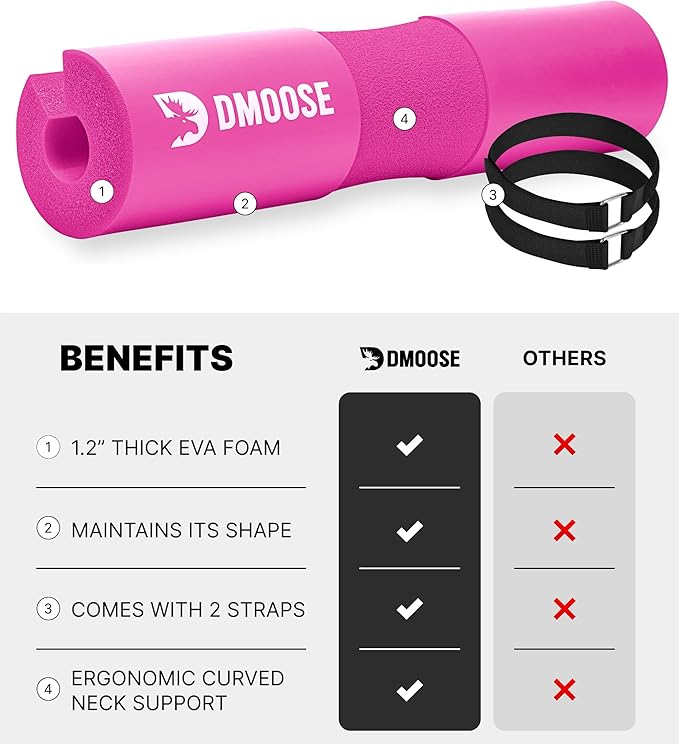 DMoose Fitness Barbell Pad for Hip Thrust, Squat & Lunges - Non-Slip Thick Foam Cushion for Neck and Back Support with Two Straps - Hip Thrust Pad for Leg Day - Fits All Olympic Bars and Smith Machine