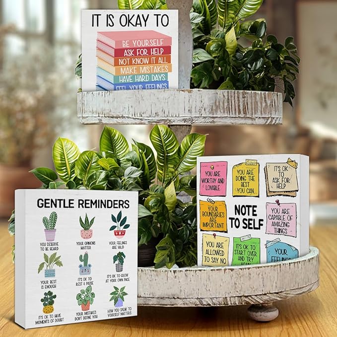 3 Pcs Mental Health Wood Signs Decor Psychology Wood Block Signs Gentle Reminders Note to Self It Is Okay to Be Yourself Wooden Box Signs Classroom Therapy Office Decorations