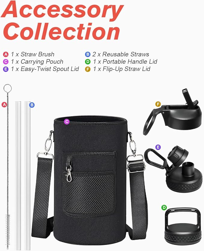 Half Gallon Water Bottle Insulated with Straw & 3 Lids, Coolflask 64 oz Water Jug Large Metal Stainless Steel Wide Mouth for Sports, Gym or Office, Non-BPA Keep Cold 48H Hot 24H, Dark Grey