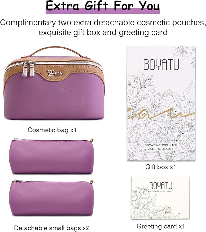 BOYATU Travel Makeup Bag Organizer Cosmetic Bag: 3 Pcs Set Make up Bags for Women with Handle - Waterproof Vegan Leather Toiletry Bags Travel Essentials Pouch with Compartments (G-07-Purple)