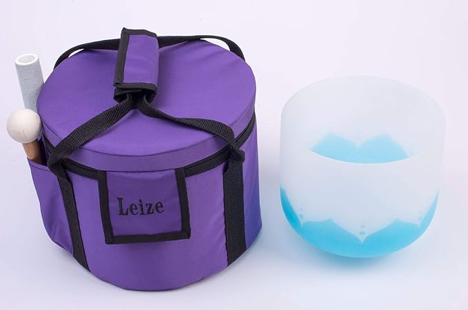 Leize Blue Lotus Design Quartz Crystal Singing Bowl G Note Throat Chakra Blue 10" with Heavy Duty Carrying Case Suede Striker