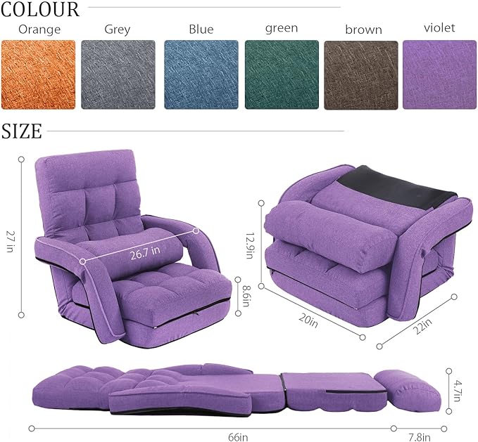 FLOGUOR 42-Position Adjustable Floor Chair, Chaise Lounge Indoor, Folding Lazy Sofa with Armrests and a Pillow Padded Adults Gaming Chairs for Living Room, Bedroom Factory Price, 8803XM (Purple)