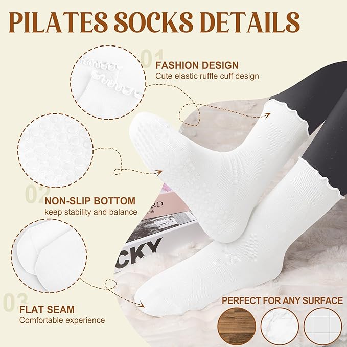 4 Pairs Pilates Socks with Grips for Women Yoga Ruffle Cute Grip Socks Pilates Non Slip Crew Ballet Hospital Workout