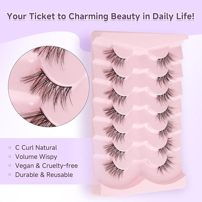 Half Lashes Cat Eyelashes 14mm False Eyelashes Natural Cat Eye Lashes Wispy Eyelashes with Thin Band 3D Volume False Lashes C Curl Soft Strip Lashes Pack 7 Pair EVENTILL
