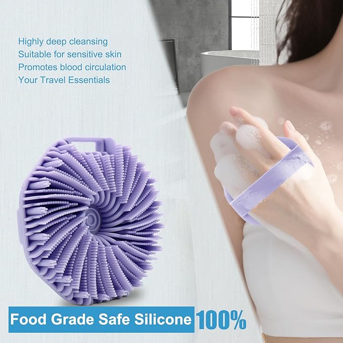 Silicone Body Scrubber,Exfoliating Body Scrubbers for use in Shower,Silicone Body Brush for Showering and Anti-Slippery Handles for All Skin Types (Purple)
