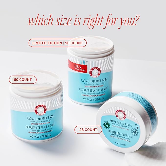First Aid Beauty - Facial Radiance Pads with Gycloic & Lactic Acids – Daily Exfoliating Pads with AHA that Help Tone & Brighten Skin – Makeup Routine Prep - Compostable for Daily Use – 28 Count