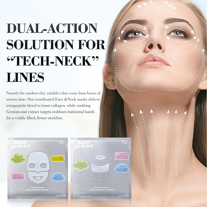 Bio-Collagen‑Peptide Face Mask Sheets – Gleam Foil Intensive Overnight Hydrate Face & Neck Masks for Moisturizing, Firming & Lifting Care – 8 Count(4 Face Masks + 4 Neck Masks)