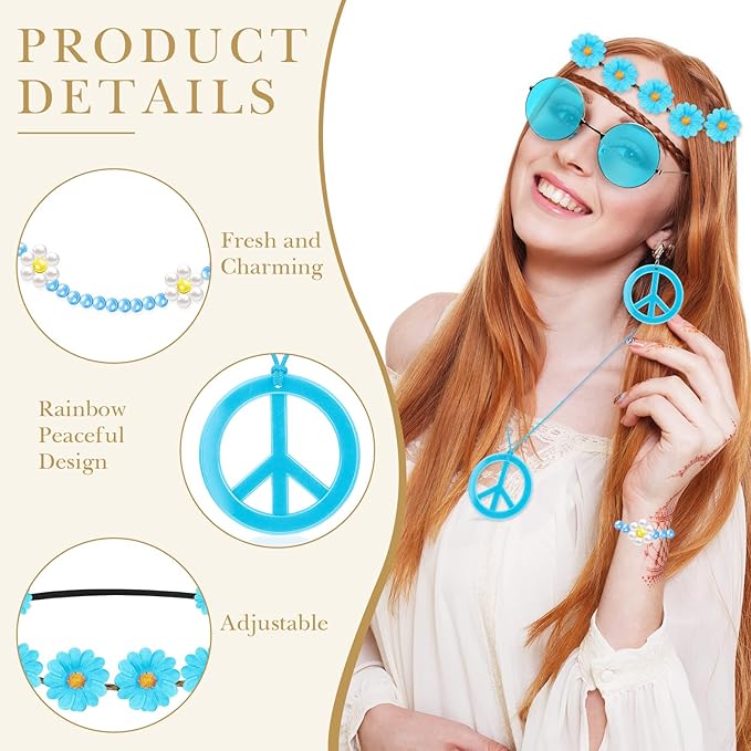 Batiyeer 6 Pcs Hippie Costume Accessories Set, Boho Peace Sign Daisy Flower 60s 70s Party Favors Decor for Groovy Party Women