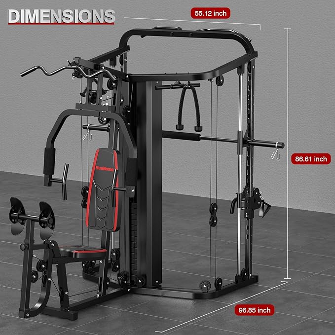 SunHome Multifunction Home Gym System Workout Station,Smith Machine with 138LB Weight Stack, Leg Press, LAT Station for Full Body Training