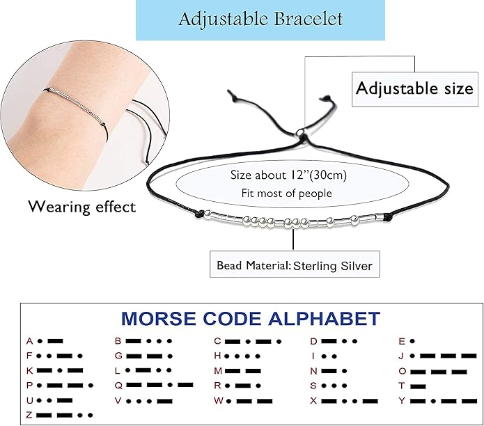 KGBNCIE Morse Code Bracelet for Women Sterling Silver Beads on Silk Cord Secret Message Fuck Friendship Inspirational Encouragement Bracelet Gift for Her