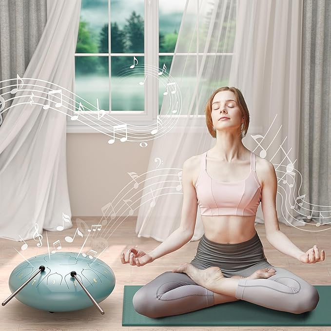 D Major Steel Tongue Drum Handpan, 12 Inch 13 Note Rain Drum for Outside Garden, Meditation Rain Chime, Musical Percussion Instrument for Adult Gift with Bag, Music Book, Drum Mallets (Moss Blue)