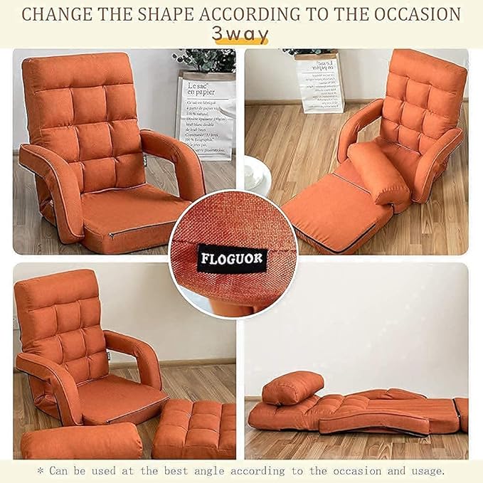 Floor Chair, Chaise Lounge Indoor, 14-Position Adjustable Folding Lazy Sofa with a Pillow Padded Adults Gaming Chairs for Living Room, Bedroom Factory Price (Orange) 8803OR