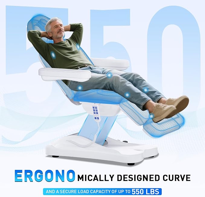 Full Electrical Aesthetic Chair with Lights for Clients, 3-Motors 200W Adjustable Tattoo Facial Beauty Bed with Remote Control, Capacity 550LBS for Podiatry Office Aesthetician Services (White)