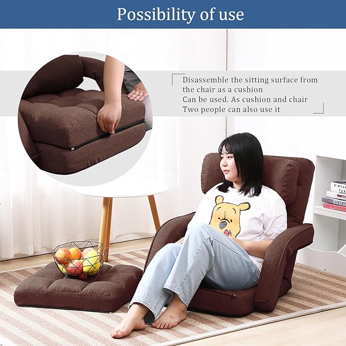 FLOGUOR 42-Position Adjustable Floor Chair, Chaise Lounge Indoor, Folding Lazy Sofa with Armrests and a Pillow Padded Adults Gaming Chairs for Living Room, Bedroom Factory Price, 8803XM (Brown)