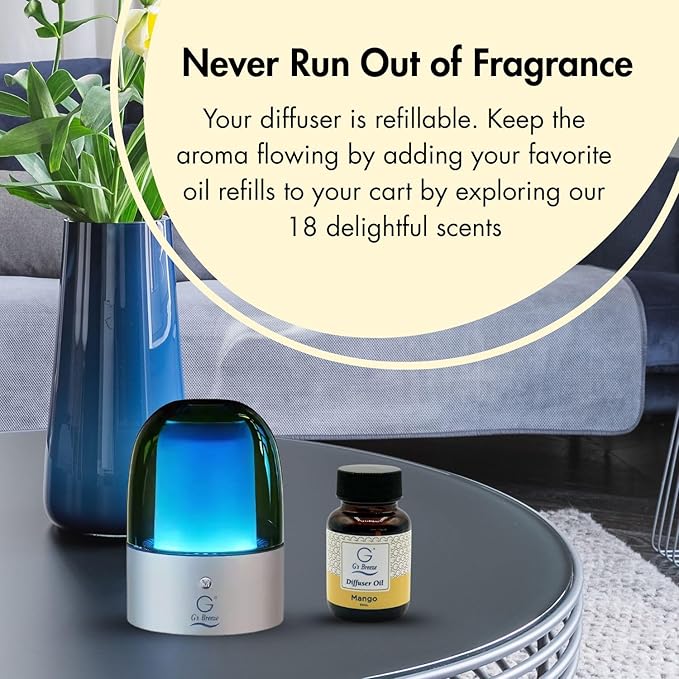 G's Breeze Smart Aroma Diffuser with 60ml Mango Scent Refill – Bluetooth & Wi-Fi App Control, LED Lighting, Adjustable Intensity, Long-Lasting Sweet Tropical Fragrance for Home or Office