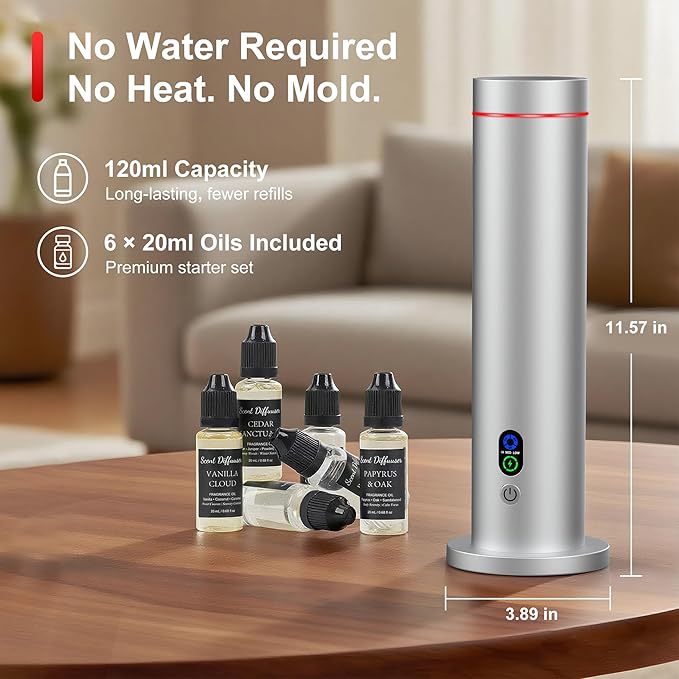Waterless Diffuser, 1000 Sq.Ft Coverage, Essential Oil Diffuser with Tilt-Safe, Remote Control, Adjustable Mist Mode, Mood Lights Aromatherapy Diffuser for Home, Large Room, Office, Hotel, Silver