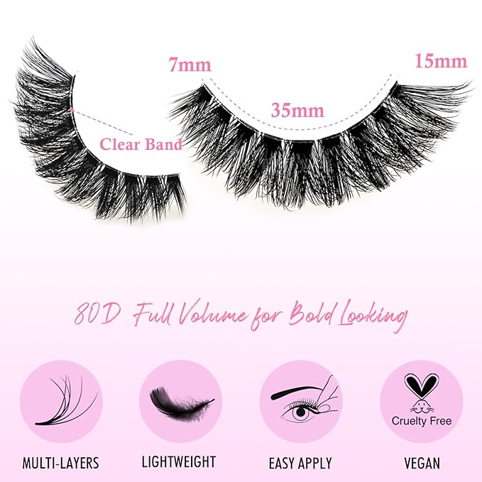 Lashes False Wispy Eyelashes Volume Cat Eye Lash Strips Fake Mink Eyelash Pack Natural Look Fluffy Full Strip Lashes Set Clear Band Easy Eyelashes for Beginners with Cluster Looking