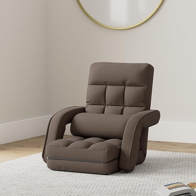 FLOGUOR 14-Position Adjustable Floor Chair, Chaise Lounge Indoor, Folding Lazy Sofa with Armrests and a Pillow Padded Adults Gaming Chairs for Living Room, Bedroom Factory Price (Brown) 8803CO