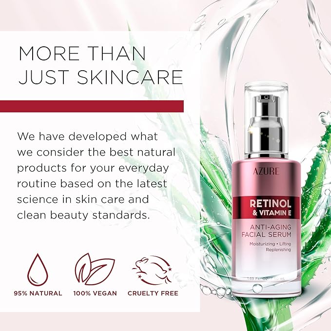 Azure Cosmetics Retinol Serum For Face - Dermatologist Tested, Anti Aging for Dark Spots & Skin Smoothing - Vitamin E for Replenishing & Skin Renewal - Vegan, Clean Beauty, Korean Skin Care - 1.69 oz
