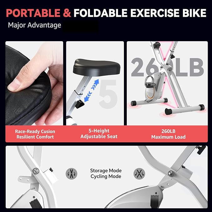 Foldable Exercise Bike for Small Apartments, Stationary Bikes for Home, Indoor Portable Cycling Bike with 16-Level Magnetic Resistance, 260LBS Capacity, 5.5 LBS Flywheel, Designed for Small Space Workout 816