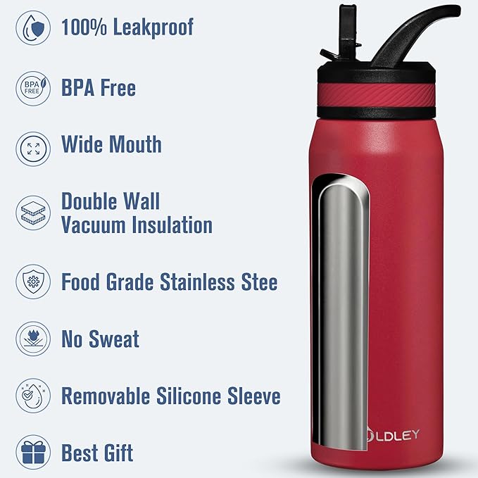 OLDLEY 24 oz Insulated Water Bottle With Straw, Stainless Steel Sports Water Cup Flask with 3 Lids(Straw, Spout and Handle Lid) Double Walled Travel Thermal Canteen Mug,Fire Red