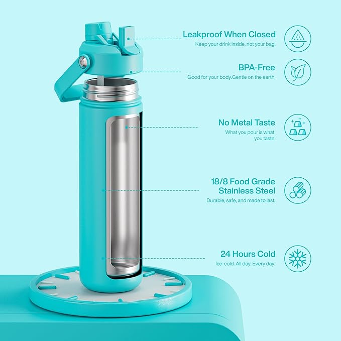 Insulated Water Bottle with Straw - Encool Stainless Steel Water Bottle, Leak-Proof, BPA-Free, Double Wall Vacuum Keeps Cold for 24 Hours for Sports, Travel, School (26 oz, Aquamarine Blue)