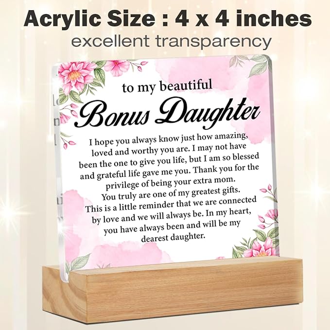 Bonus Daughter Gifts, Step Daughter Gifts from Stepmom, Stepdaughter Gifts, to My Bonus Daughter Acrylic Desk Plaque Sign