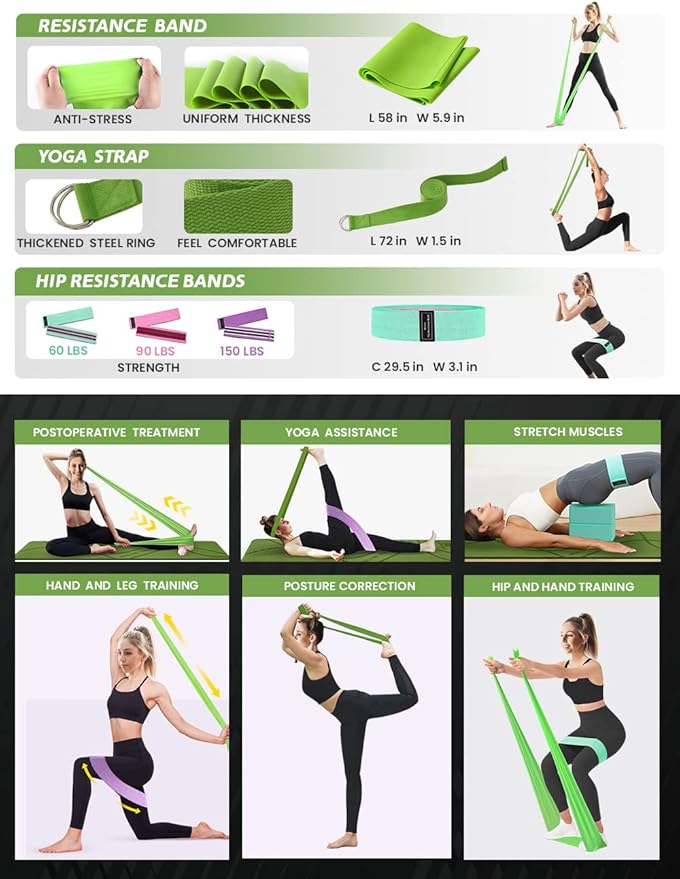 Yoga Starter Kit 12 in 1 - Set Include Mat, Foam Roller, 4 Resistance Bands, Blocks 2 Pack with Strap, 2 Peanut Massage Balls, Yoga kit and Sets for Beginners