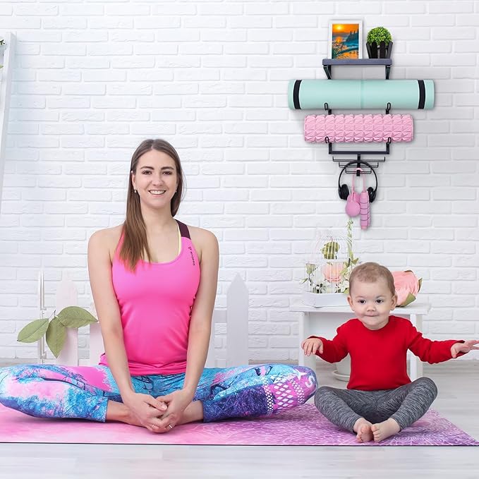 Yoga Mat Holder Wall Mount Yoga Mat Storage Rack Home Gym Accessories with 3 Sectional and 7 Hooks for Hanging Foam Roller and Resistance Bands at Fitness Class or Home Gym