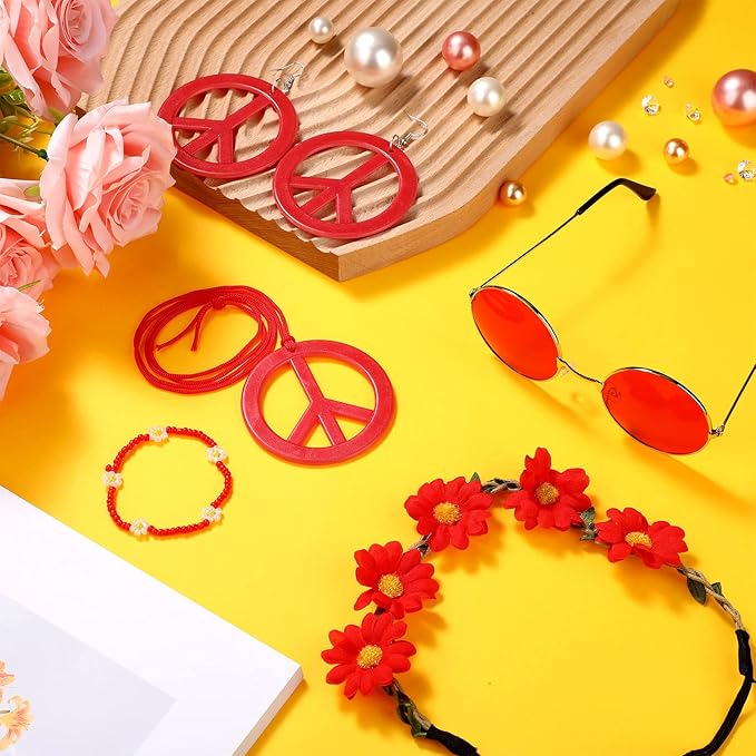 Batiyeer 6 Pcs Hippie Costume Accessories Set, Boho Peace Sign Daisy Flower 60s 70s Party Favors Decor for Groovy Party Women