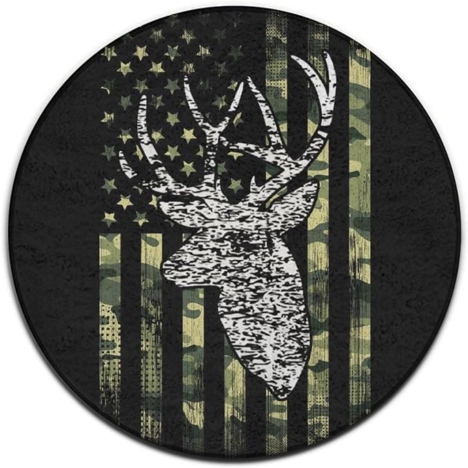 Large Home Decor Mat, Soft Round Yoga Carpet, Non-Slip Machine Washable Kitchen Office Circle Rug Compatible with Deer Camo Camouflage American Flag Hunting Black