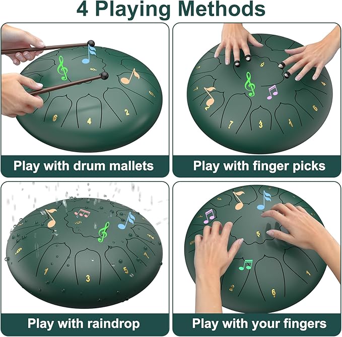 D Major Steel Tongue Drum Handpan, 12 Inch 13 Note Large Rain Drum for Outside Garden, Meditation Rain Chime, Musical Percussion Instrument for Adult Gift with Bag, Music Book, Drum Mallets (Green)