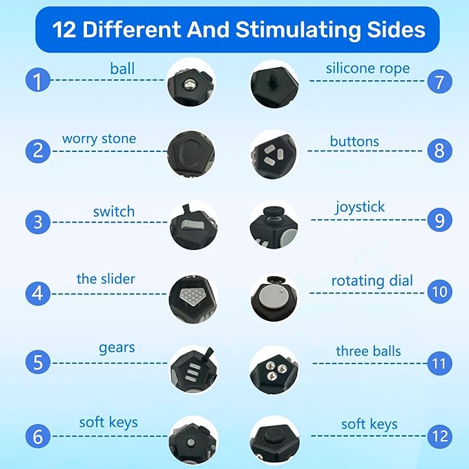 Hand-Held Fidget Dodecagon, 12-Side Fidget Toys Cube for Stress & Anxiety Relief, Pocket-Sized Sensory Toy for Adults, Kids with Autism to Improve Focus, Audible Silent Switchable Blocks