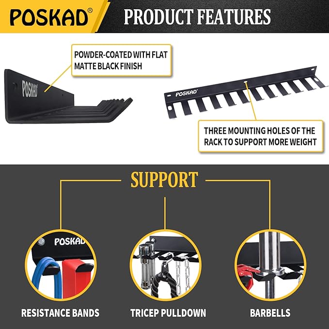 Poskad Multi-Purpose Gym Storage Rack,8 OR 12 Hook Heavy-Duty Steel Gym Organizer Wall Mount Hanger for Home and Pro, Gym Accessory Storage Resistance Bands,Jump Ropes,Lifting Belt,Barbells.