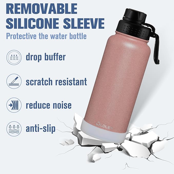 OLDLEY 32 oz Insulated Water Bottle With Straw, Stainless Steel Sports Water Cup Flask with 3 Lids(Straw, Spout and Handle Lid) Double Walled Travel Thermal Canteen Mug,Rose Gold