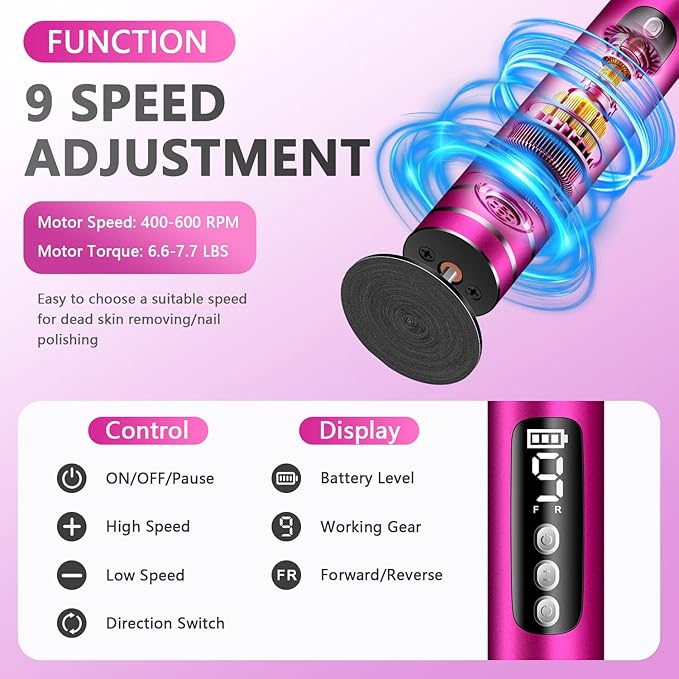 EAONE 2 in 1 Electric Callus Remover for Feet/Hands(Rose Red), Professional Pedicure Tools Foot/Nail File for Women Men Dry Crack Dead Skin Removal & Nail Care with 9 Speed Control/Digital Display