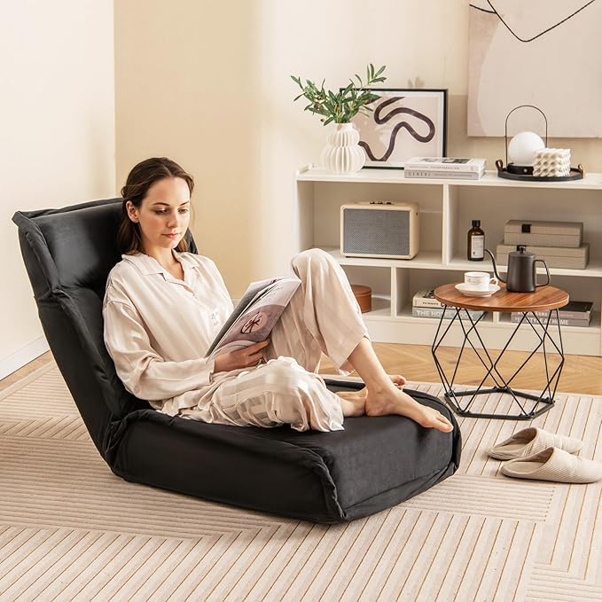 COSTWAY Folding Floor Chair, Convertible Lazy Sofa with 14-Poistion Adjustable Backrest, 5-Position Adjustable Headrest, Cushioned Floor Gaming Chair for Adults, Reading, Meditating (Black)