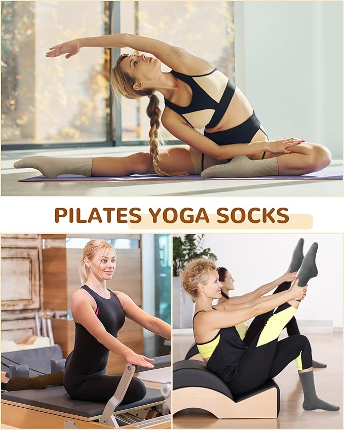 Justay 6 Pairs Pilates Socks with Grips for Women Soft Non Slip Crew Cotton Athletic Workout Barre Hospital Yoga Socks
