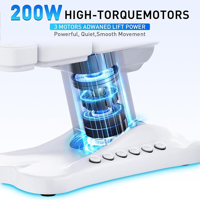 Full Electrical Aesthetic Chair with Lights for Clients, 3-Motors 200W Adjustable Tattoo Facial Beauty Bed with Remote Control, Capacity 550LBS for Podiatry Office Aesthetician Services (White)
