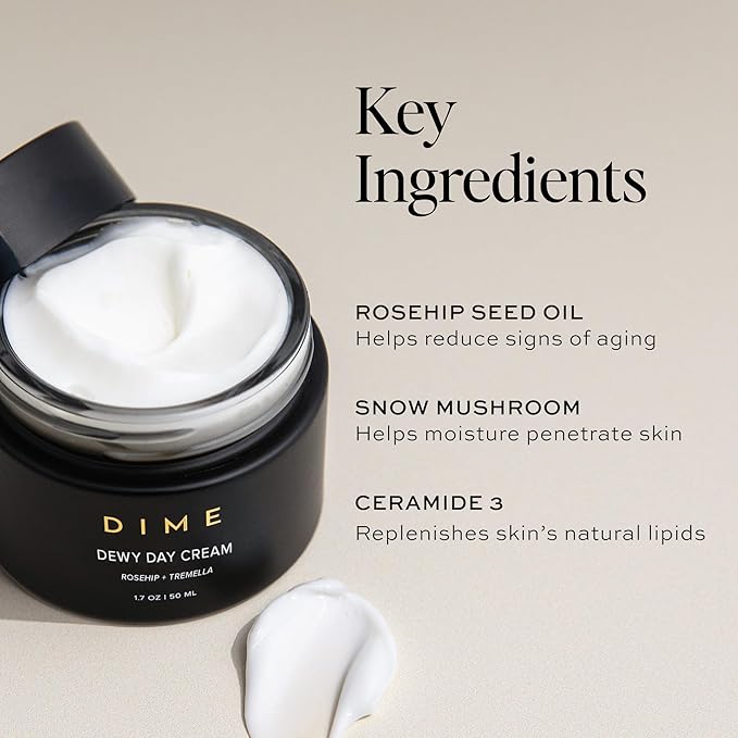 Dime Beauty Dewy Day Cream, Morning Face Moisturizer with Rosehip Oil and Tremella Snow Mushroom, 1.7 oz / 50 ml