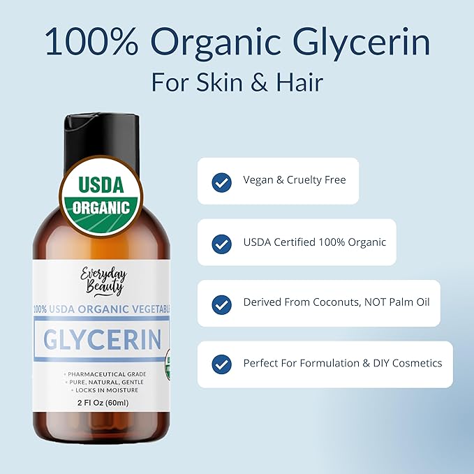100% Organic Glycerin - For Skin & Hair - Food Grade - USDA Certified - Not From Palm Oil - Perfect Skin and Hair Moisturizer - 2 Fl Oz