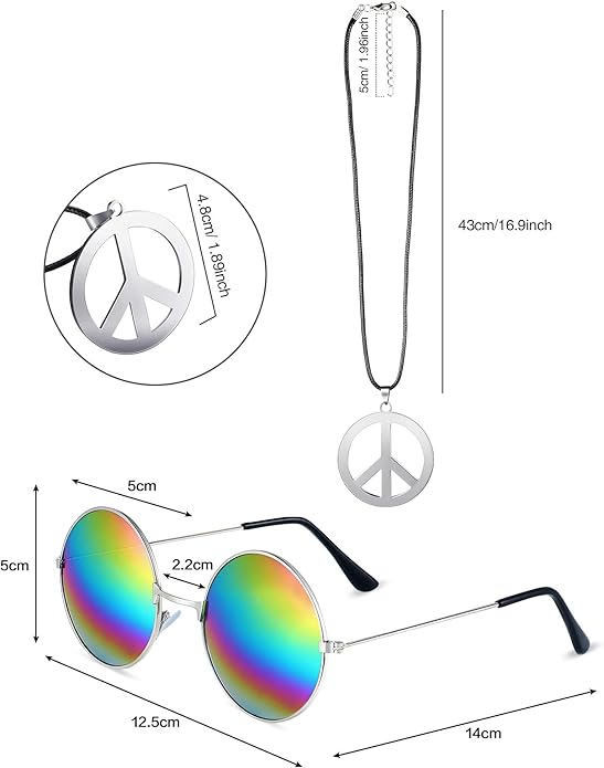Frienda Hippie Costume Set, Hippie Sunglasses, Peace Sign Necklace and Tie Dye Headband for 60s 70s Accessories