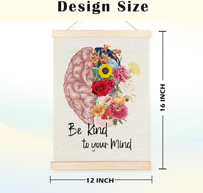JINYO Mental Health Wall Decor, Be Kind to Your Mind Floral Brain Wall Art Poster, Mental Health Canvas Prints Wall Decor for Therapy Counselor Office Calming Corner, 12x16 Inches