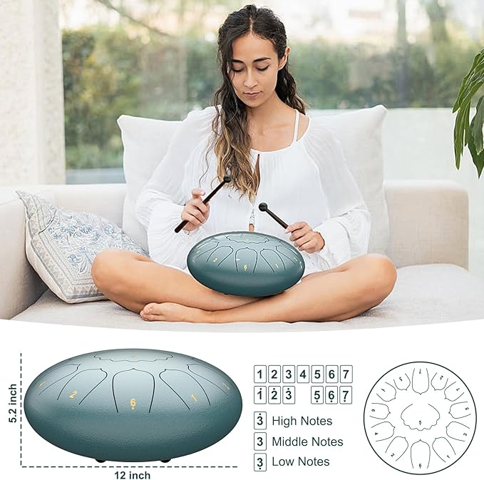 D Major Steel Tongue Drum Handpan, 12 Inch 13 Note Rain Drum for Outside Garden, Meditation Rain Chime, Musical Percussion Instrument for Adult Gift with Bag, Music Book, Drum Mallets (Moss Blue)