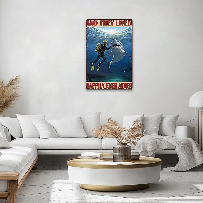Diver And Shark Metal Tin Sign 8x12 Inch And They Lived Happily Ever After Poster Diver And Shark Tin Sign Home Kitchen Garden Bar Restaurant Cafe Office Shop Cave Man Are Wall Decor