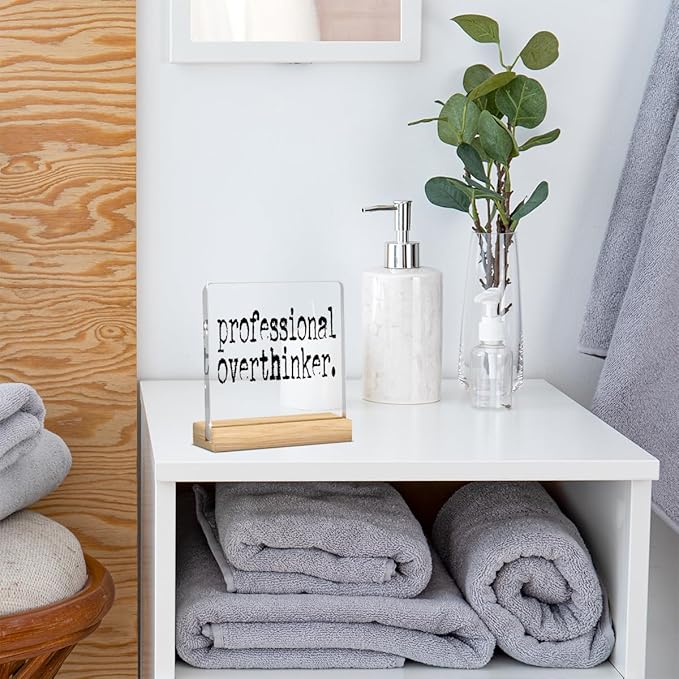 Professional Overthinker Mental Health Acrylic Sign, Coworker Gifts for Women Men, Therapy Office Acrylic Sign With Wooden Decoration for Bedroom Dorm Apartment Accessories Decor