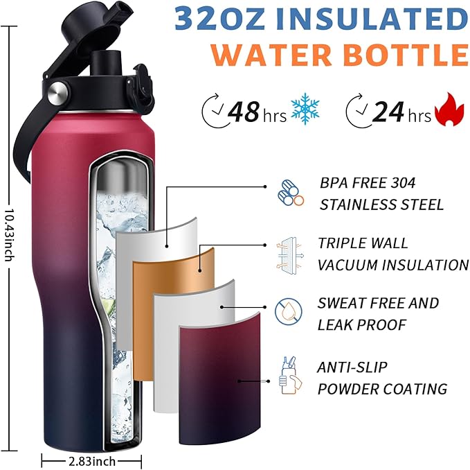 32/40 oz Insulated Water Bottle with straw Fit in any Car Cup Holder, Keep Cold 48H Hot 24H,Stainless Steel Water Bottle with Spout lid, Carrier Bag, Paracord Handle for Gym, Workout & Beach