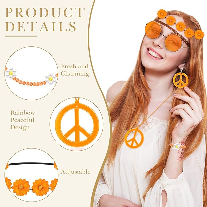 Batiyeer 6 Pcs Hippie Costume Accessories Set, Boho Peace Sign Daisy Flower 60s 70s Party Favors Decor for Groovy Party Women