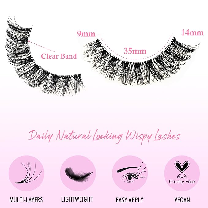 Lashes False Wispy Eyelashes Natural Cat Eye Lash Strips 10 Pairs Fake Mink Eyelash Pack 9-14mm Natural Look Fluffy Strip Lashes Clear Band Easy Eyelashes for Beginners with Cluster Looking